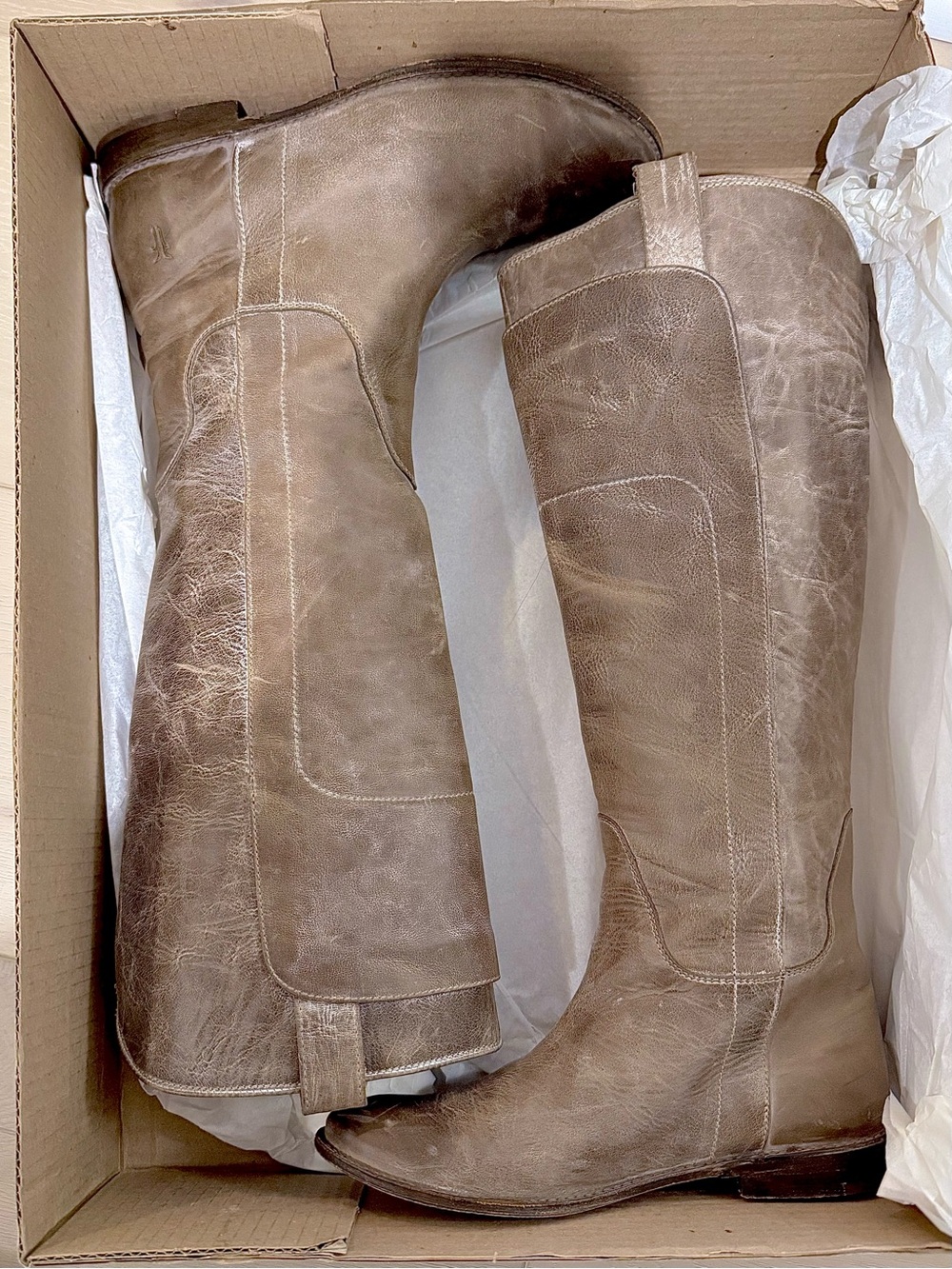 EUC Frye Paige Tall Burnished Leather Riding Boots grey/brown